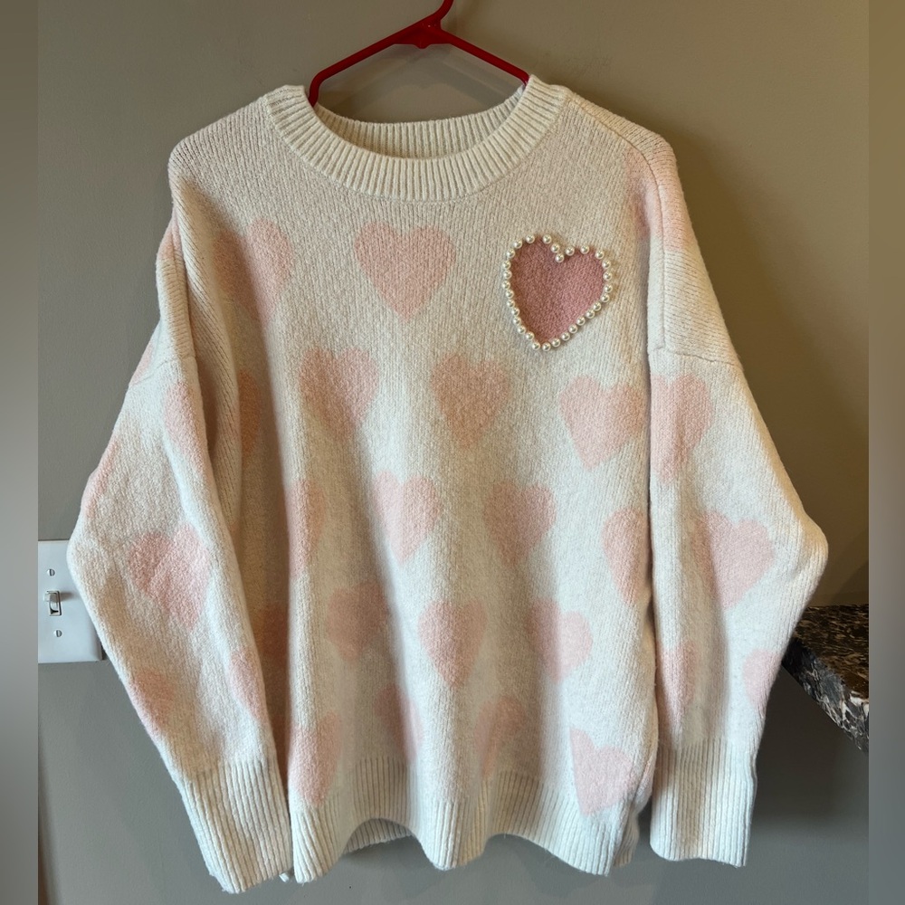 Woman’s Valentines heart sweater size M white and pink with pearls GUC